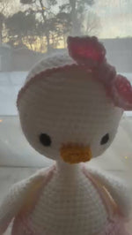 Load and play video in Gallery viewer, Knitted Amigurumi Duck in Pink Dress Handmade – 32 cm (12.5 inches)
