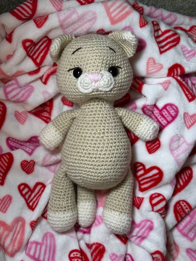 Soft Toy – Handmade Knitted Amigurumi Cat in Pink Vest