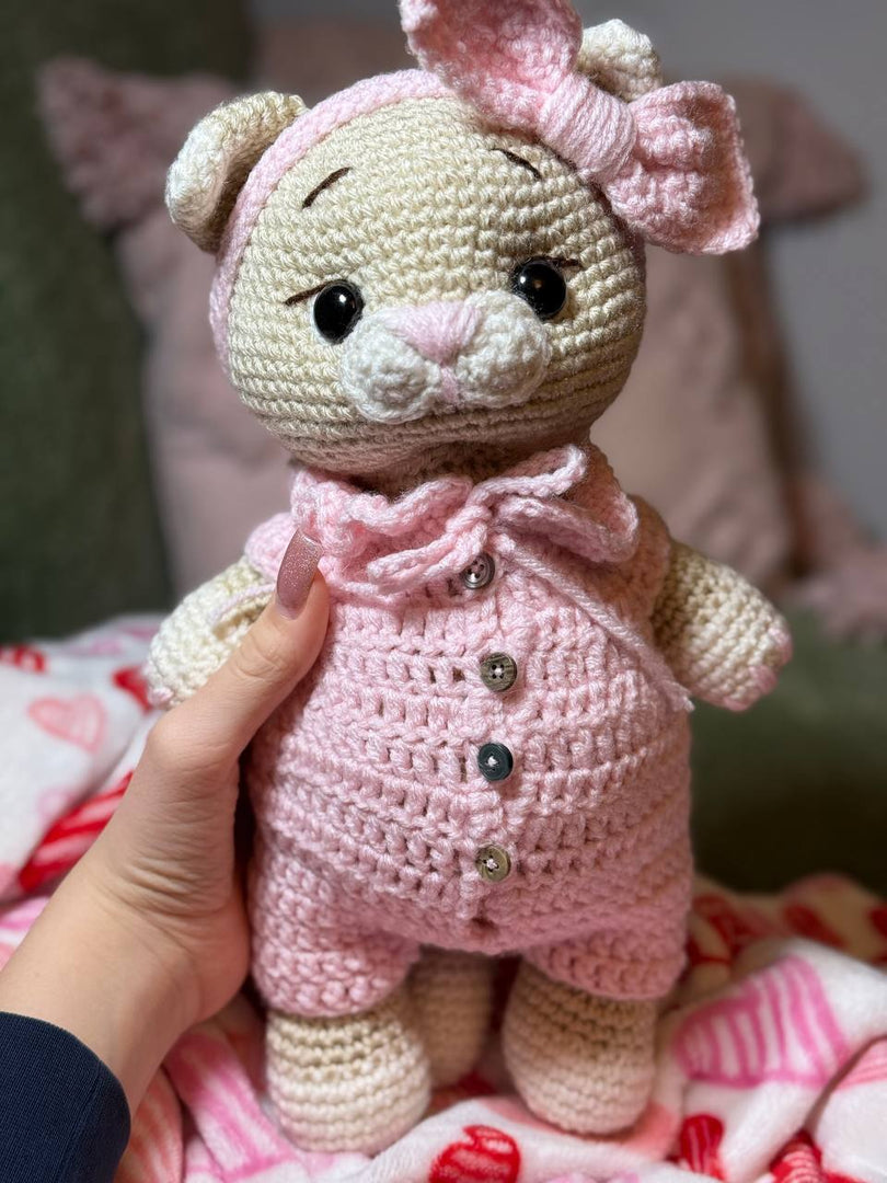 Soft Toy – Handmade Knitted Amigurumi Cat in Pink Vest