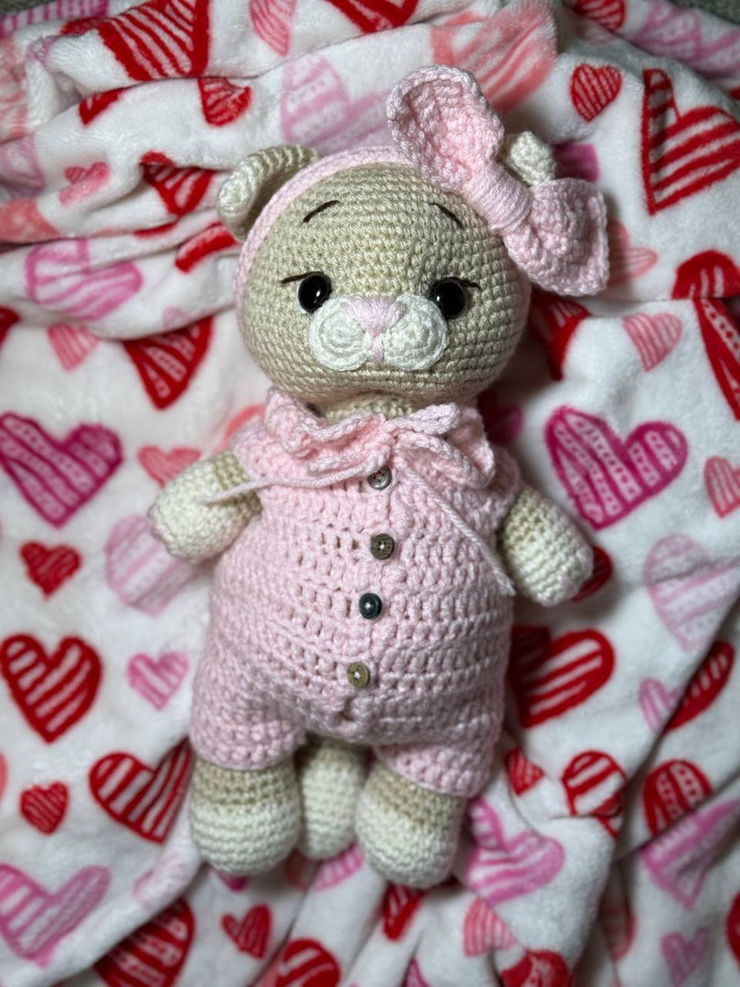 Soft Toy – Handmade Knitted Amigurumi Cat in Pink Vest